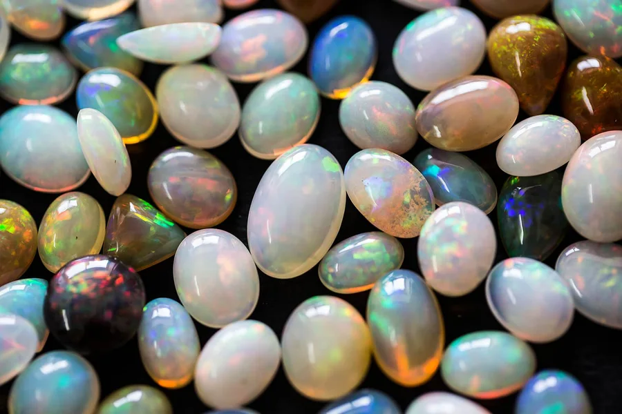 Opal cabochons showing play-of-colour