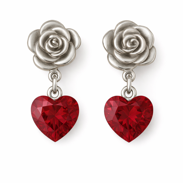 925 Sterling Silver Rose Flower Earrings with Garnet-Red Heart Pendant