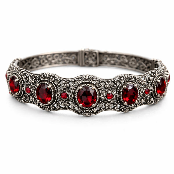 Vintage 925 Sterling Silver Garnet Bangle with Ornate Filigree