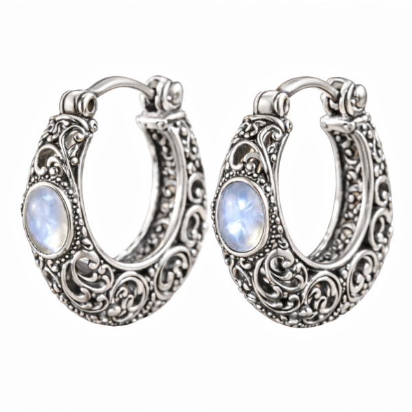 925 Sterling Silver Moon Stone Vintage Filigree Hoop Earrings Jewelry