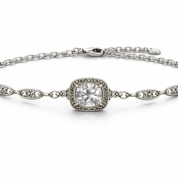 925 Sterling Silver Filigree Chain Bracelet with Center Stone Jewelry