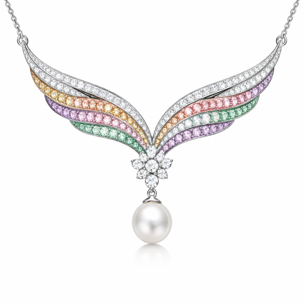 925 Sterling Silver Multicolor Cubic Zirconia Wing Pearl Necklace Jewelry