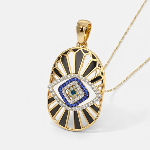 14k Gold Evil Eye Oval Pendant with Cubic Zirconia Accents Men's Jewelry