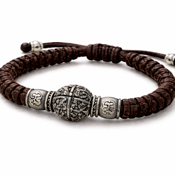 Adjustable Brown Leather Bracelet 925 Sterling Silver Men's Jewelry