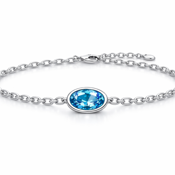 Elegant 925 Sterling Silver Oval Blue Topaz Chain Bracelet Jewelry