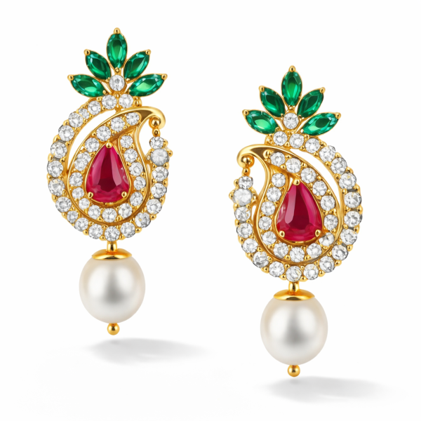 18K Yellow Gold Ruby Teardrop Earrings with Emerald Accents Diamonds & Pearl Drops