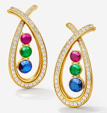 Elegant 18k Gold Teardrop Earrings with Multicolor Gemstones & Diamond Accents