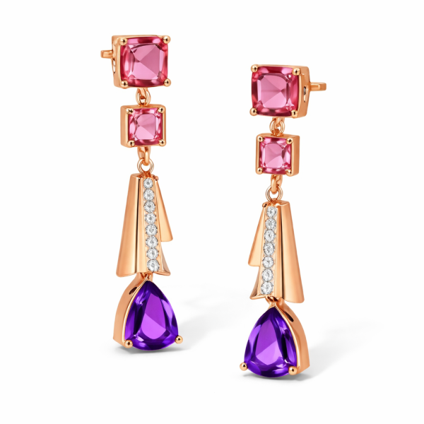18k Rose Gold Multi-Gemstone Dangle Earrings with Pink Tourmaline, Diamonds & Amethyst