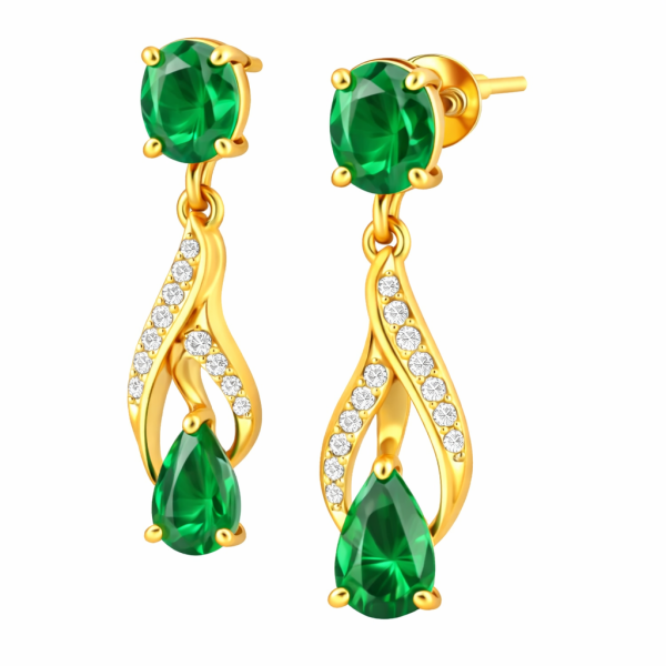 Elegant 18k Gold Drop Earrings with Green Emerald Style Stones & Diamond Accents