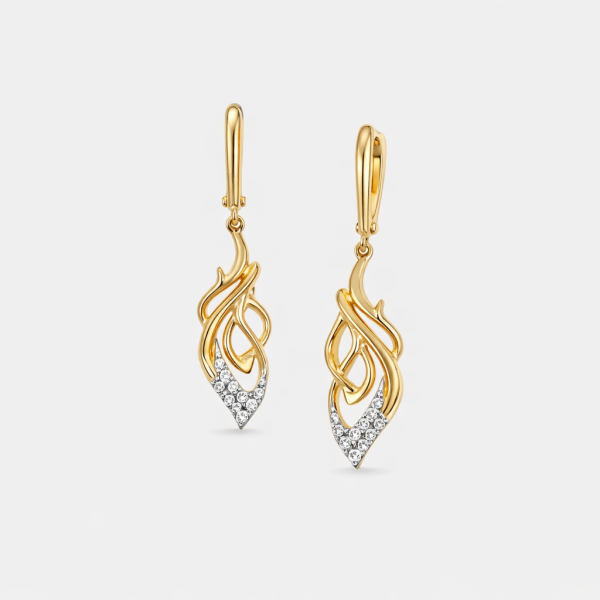 18K Yellow Gold Diamond Flame Dangle Earrings Jewelry