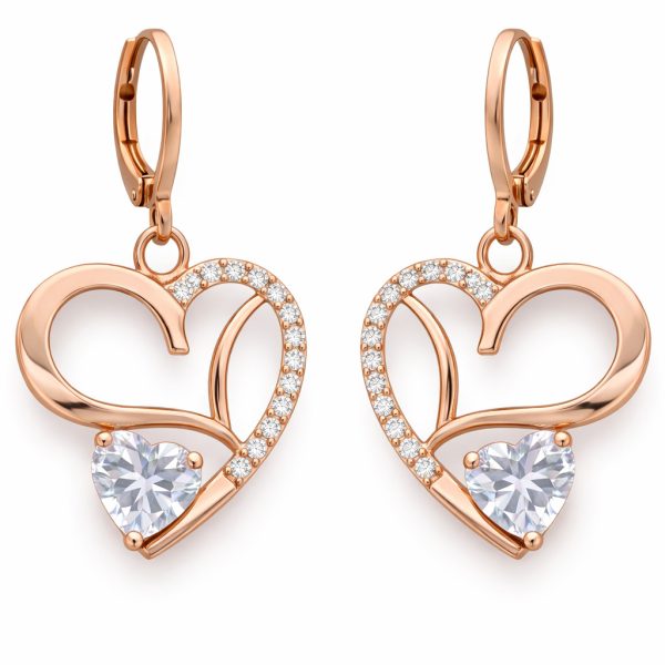 18k Rose Gold Double Heart Drop Earrings with Crystal Accents