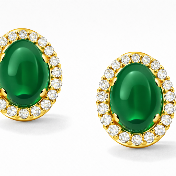 Oval Emerald & Diamond Halo Stud Earrings in 18K Yellow Gold Jewelry