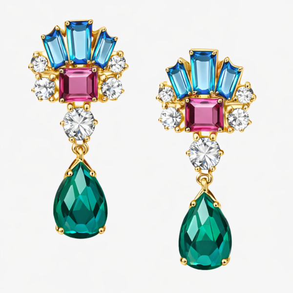 18K Gold Dangle Earrings with Multicolor Gemstones Fine Jewelry Statement Drop Earrings