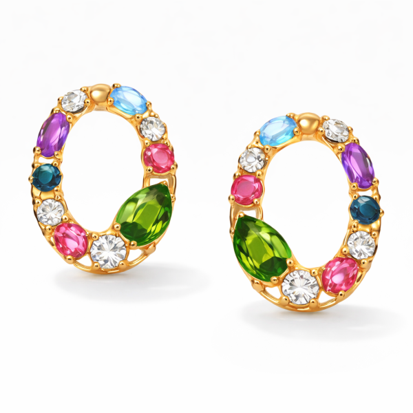 18K Yellow Gold Multicolor Tourmaline & Diamond Hoop Earrings