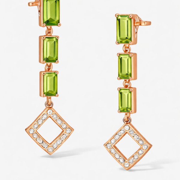 Elegant 18k Rose Gold Peridot Drop Earrings with Diamond Accented Geometric Charm